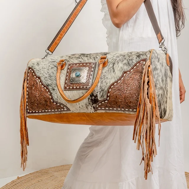 Cowhide Duffle Bag Genuine Leather Tooled Fringe Western Style Boho
