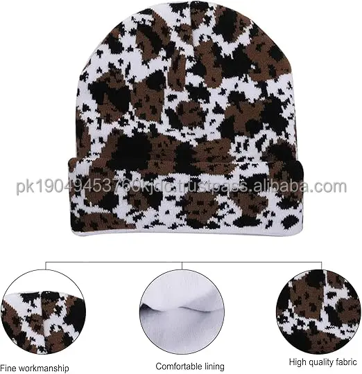 Women and Men's Cow Print Camouflage Beanie Hat Warm 2-Layer Winter Skull Cap with Dot and Fruit Pattern Y2K Animal Print Beach