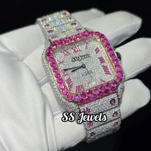 Unisex Luxury Stainless Steel ETA Iced VVS Moissanite Diamond Watch Ruby Gemstone Hands Analog Glass Dial Mechanical Movement