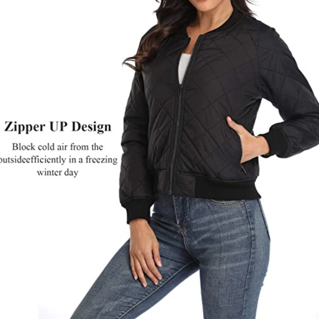 New Style Plus Size Cheap Wholesale Custom Women's Quilted Jacket Long Sleeve Zip up Raglan Bomber Jacket With Pockets