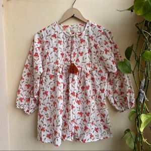 Hand Block Printed Top Summer Cotton Women Top Floral Print Mandarin Collar Long Sleeve Casual Top Gift For Her