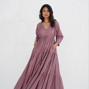 Comfortable Loose Fit Custom Latest Design Organic Cotton Pleated Maxi Dress Purple Boho Tiered Layered Tunic With Pockets