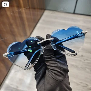 Custom Hip Hop Fully Bussdown Heart Glass Lenses Anti-Reflective Stainless Frame Blue Mens Luxury Sunglasses Moissanite Jewelry