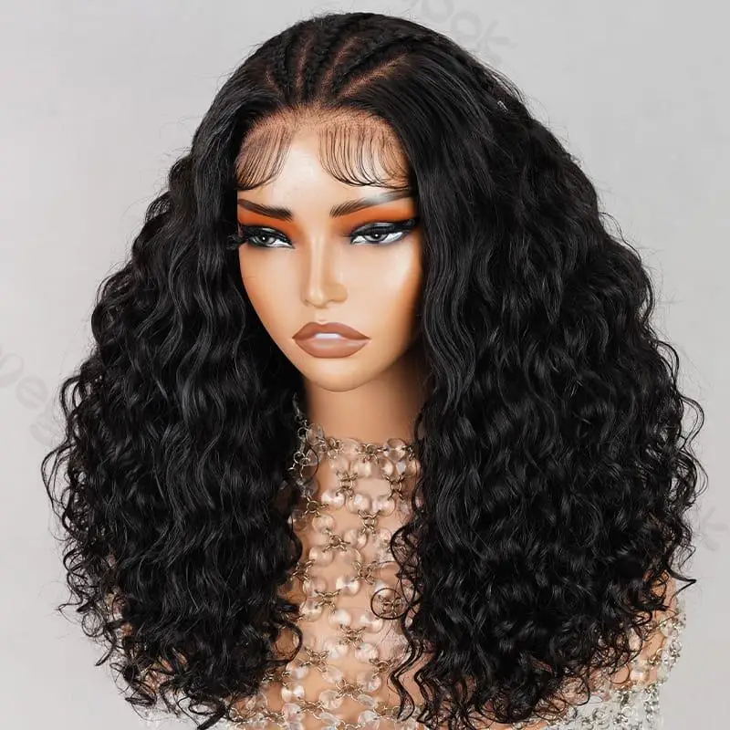 Halo Braided Ocean Wave Double Drawn Natural Black Human Hair Wig 6x5 Glueless Lace Pre Bleached Tiny Knots Lace Wig