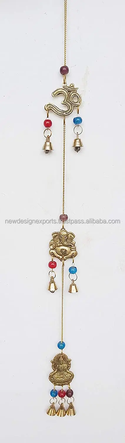 Brass Decorative String of Metal and Beads Vintage Indian Style Wall Hanging Bells Brass Wind Chimes (Om-Ganesha-Laxmiji)