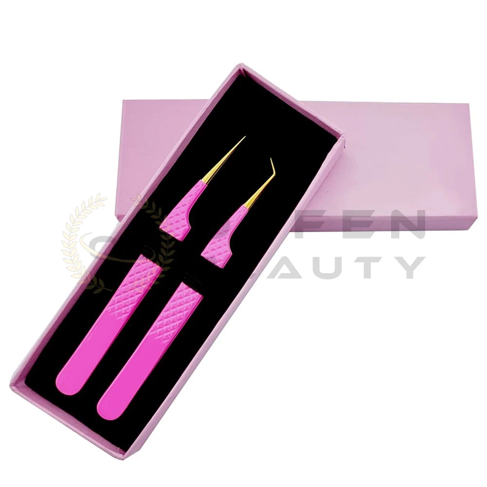 Hot Sale Baby Pink Eyelash Tweezers Set Fiber Tip Fine Grip With