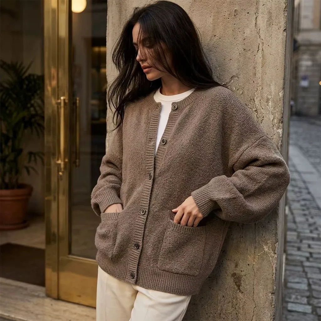 Brown Knit Cardigan Street Style