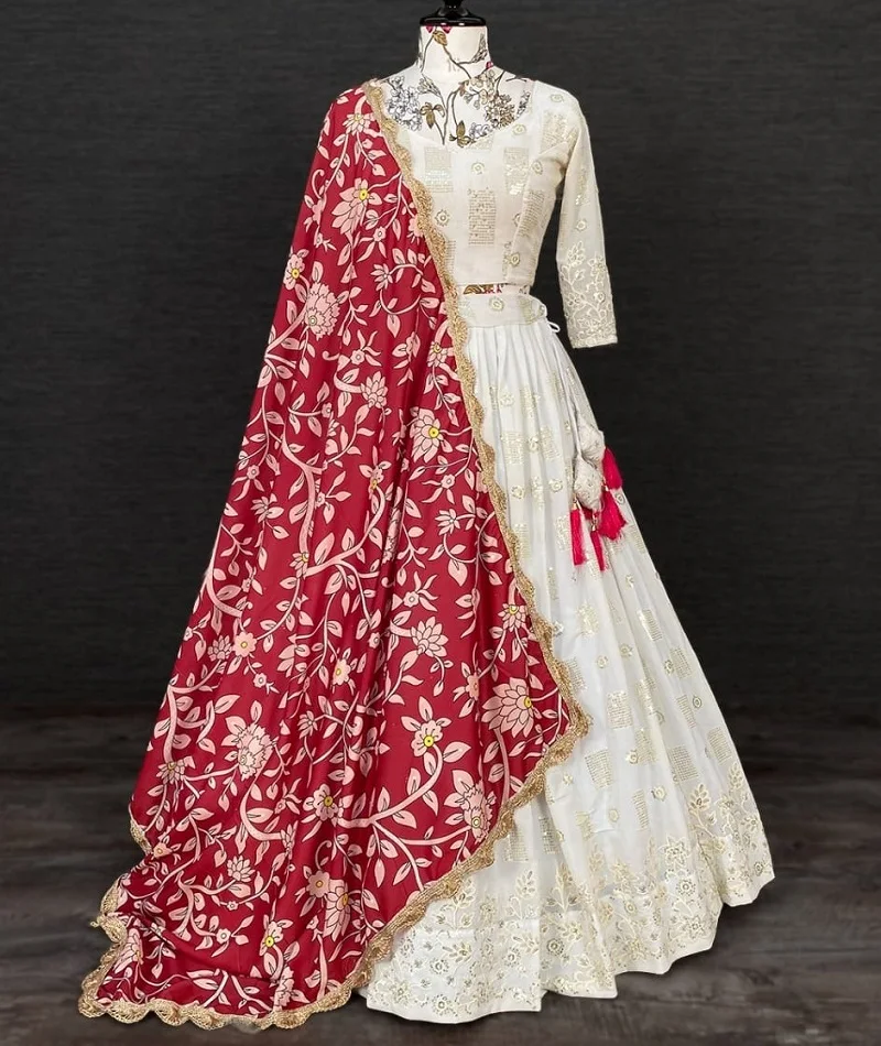 Heavy Designer Georgette Material Embellished with Sequence and Thread Embroidery Work White Color Lehenga Choli for Women Wear