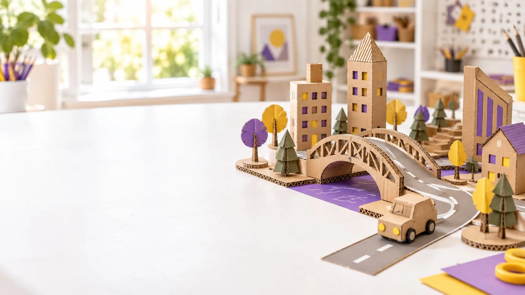 Cardboard city with buildings, bridge, trees and a toy car