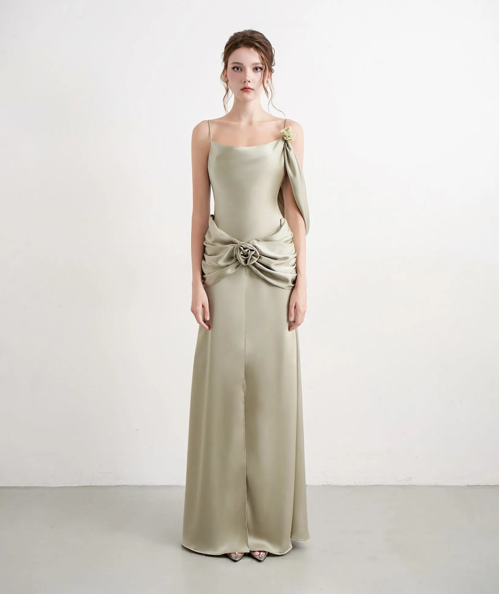 light olive green satin dress Olive Green Wrap Satin Dress With Flutter Sleeves – Désir Couture main image 0