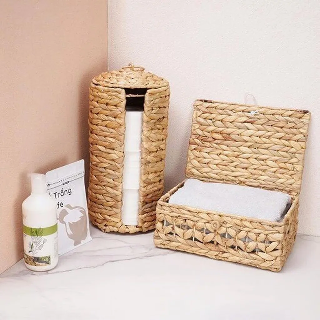 Square Water Hyacinth Tissue Box Cover - Boho Woven Facial Tissue Holder For Bathroom, Kitchen & Living Room