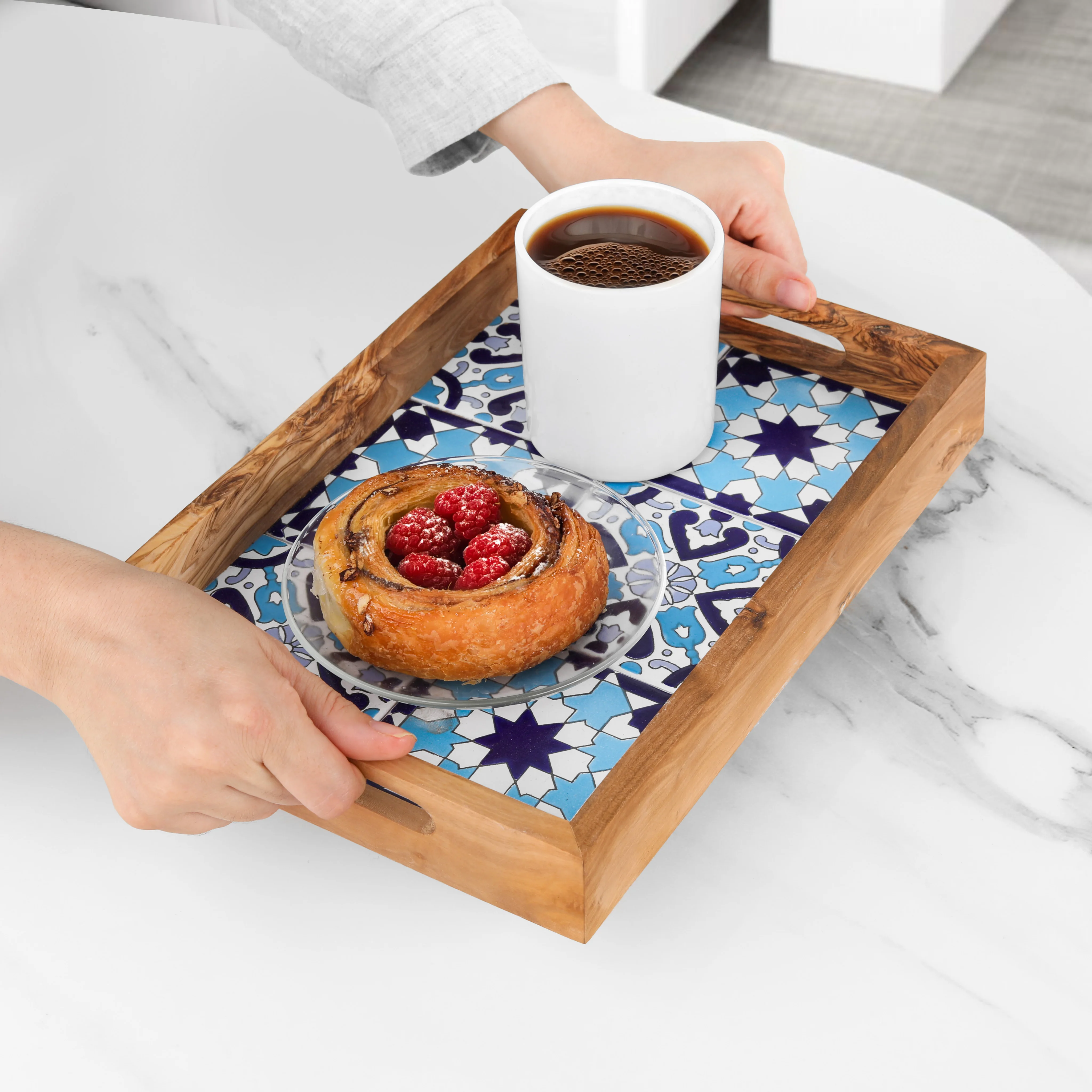 Trendy Rectangular Serving Tray Customizable Ceramic & Olivewood Ottoman Tray for Chic Coffee Table