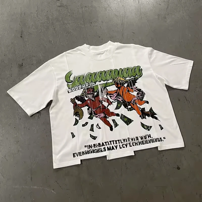 Custom Uneven Hem T-shirt Streetwear Y2k Dtg Printing Drop Shoulder Boxy Fit Tee Cut and Sew Panel Cropped t Shirt for Men gallery 4