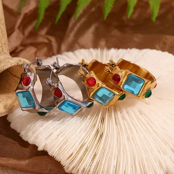 Colorful Geometric Zircon Hoop Earrings Gold Plated Stainless Steel Jewelry Bamboo Gold Hoop Earrings