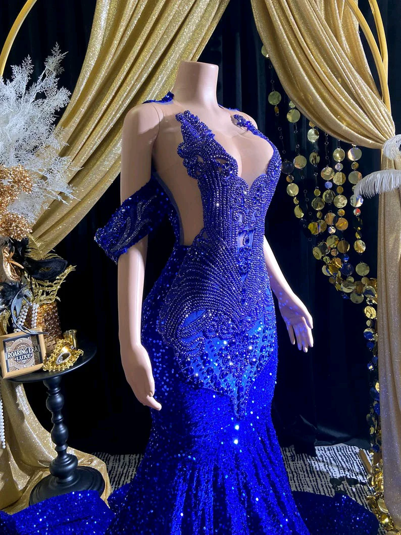 green emerald velvet dress Gold Applique Royal Blue Sequin Tailor Made Mermaid Prom Dress main image 0