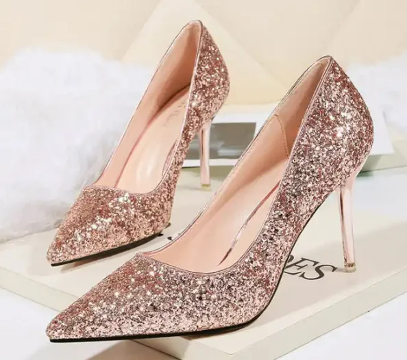 Ladies Elegant Shiny Gold Pencil High Heels Height-increasing Solid ...