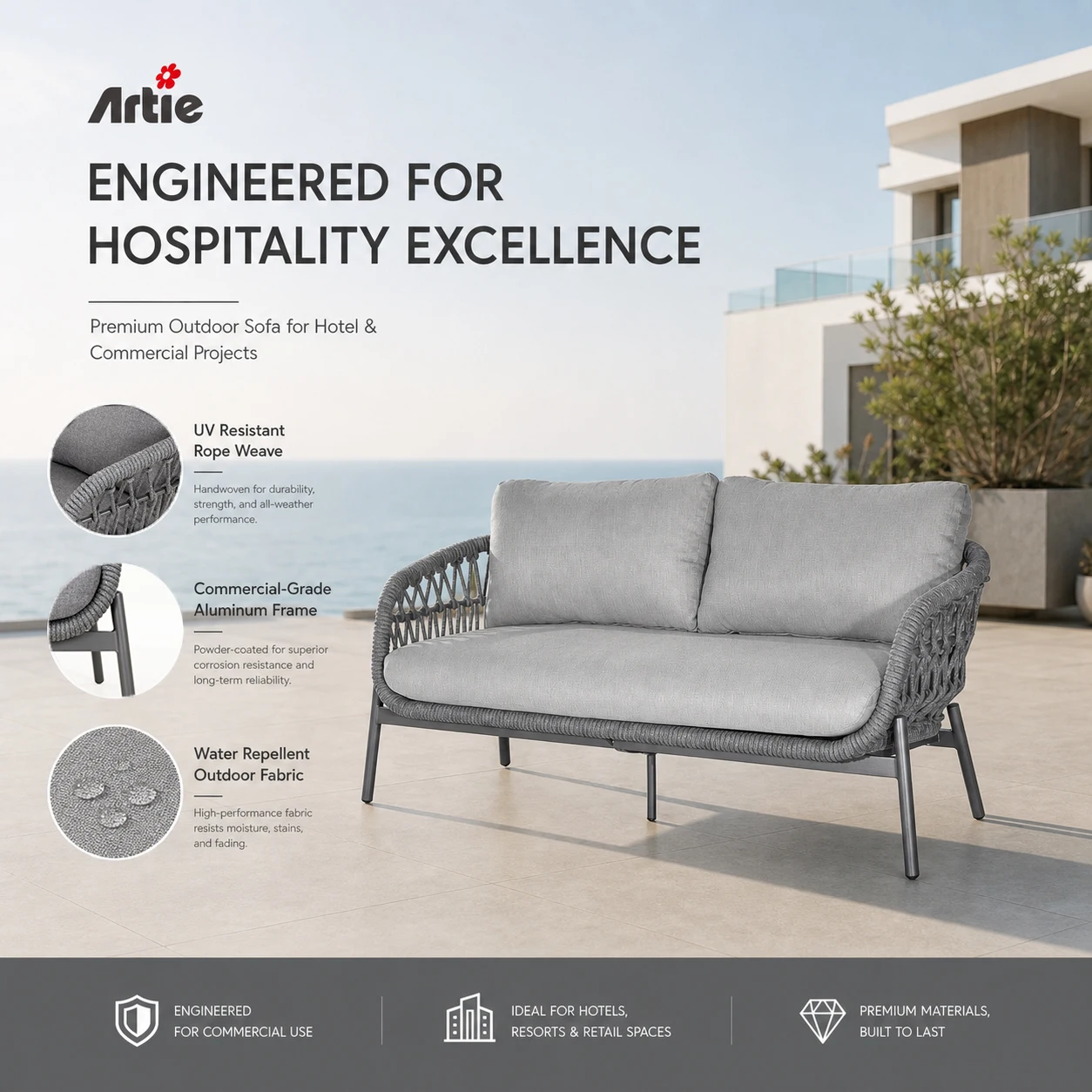 Artie Modern Design Outdoor Furniture Patio 2 Seater Sofa Aluminum Furniture Woven Rope  Luxury Garden Sofa