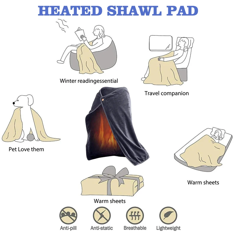 wholesale wearable electric heated throw blanket shawl 3 gears adjustable electric blanket back neck for winter