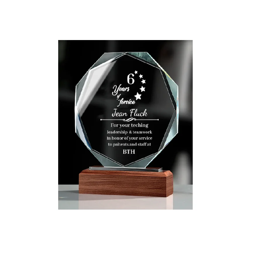 Hexagon Acrylic Trophy with Wood Base / Science Award / STEM Award Tech Gift Acrylic with Color Prints Free Customization