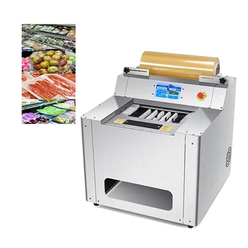 Stainless steel food stretch film wrapping machine cling film packing machine with print label