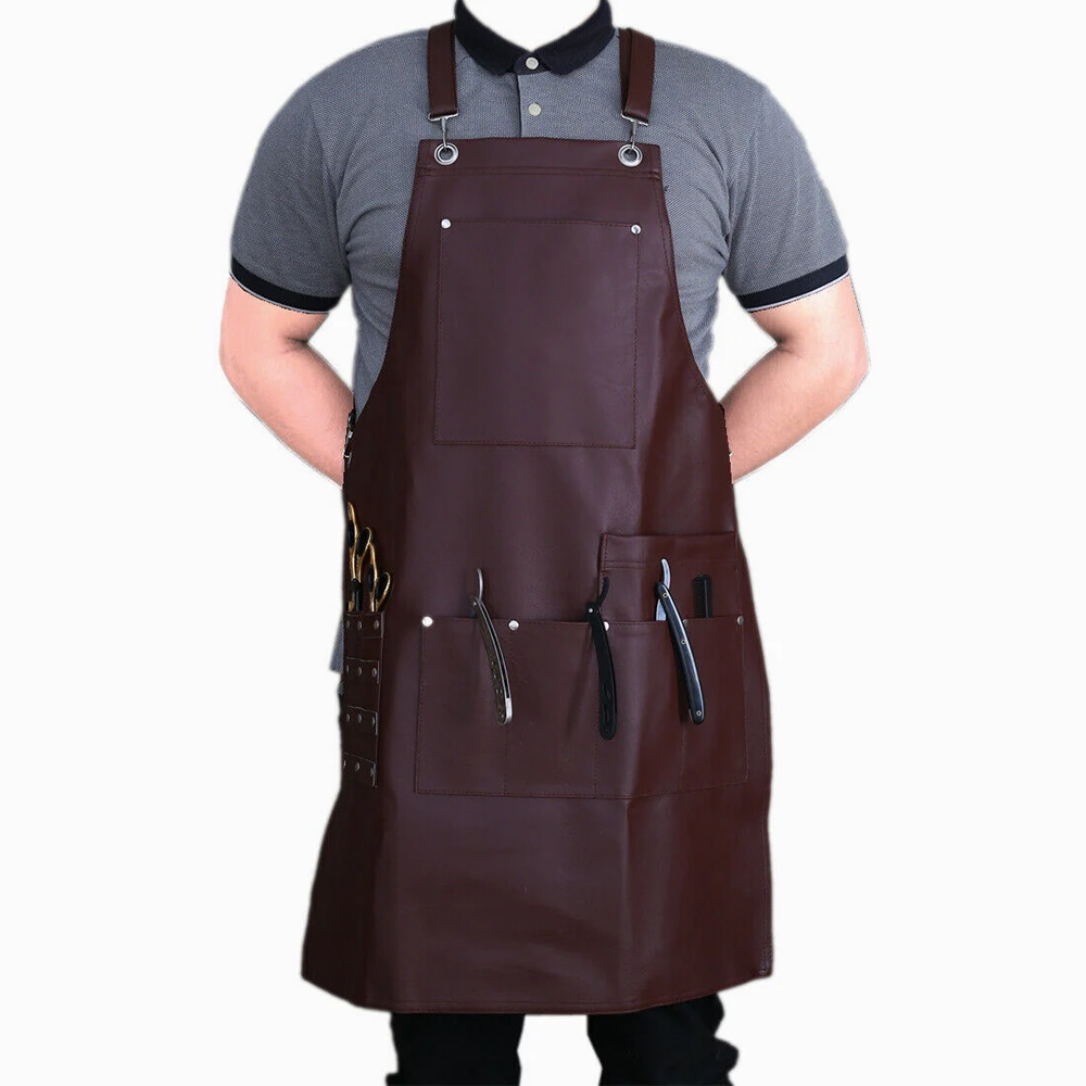 Pu Leather Barber Aprons With Adjustable Neck Strap Dark Brown Workout