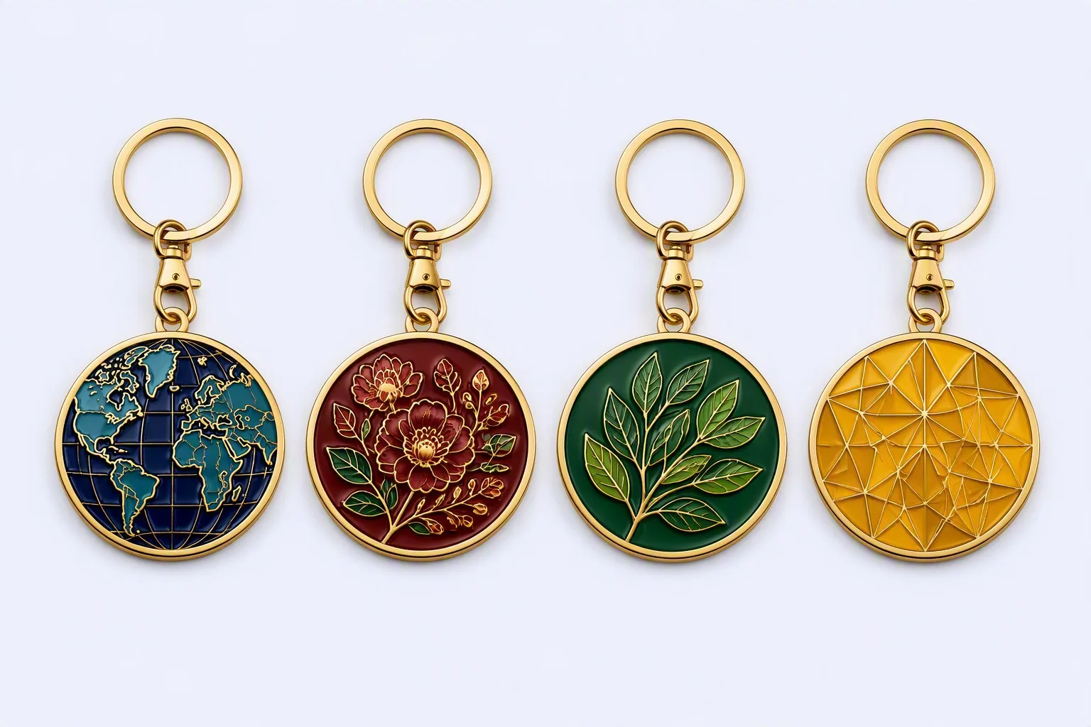 Baked paint metal keychain — four color variants