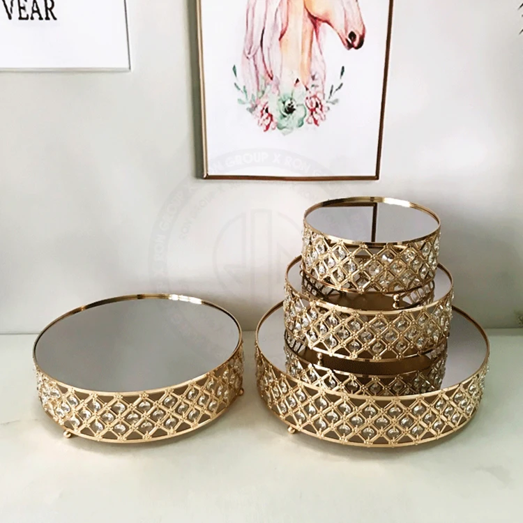 Luxury 4 Floor Round Mirror Trays Set Party Decor Metal Cake Display Holder With Crystal Wedding Pastry Dessert Tray