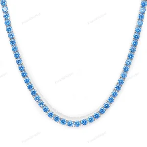 Blue Moissanite Brilliant Cut Men's Tennis Necklace Sterling Silver Gold Plated GRA Certified Iced Jewelry Elegant Statement
