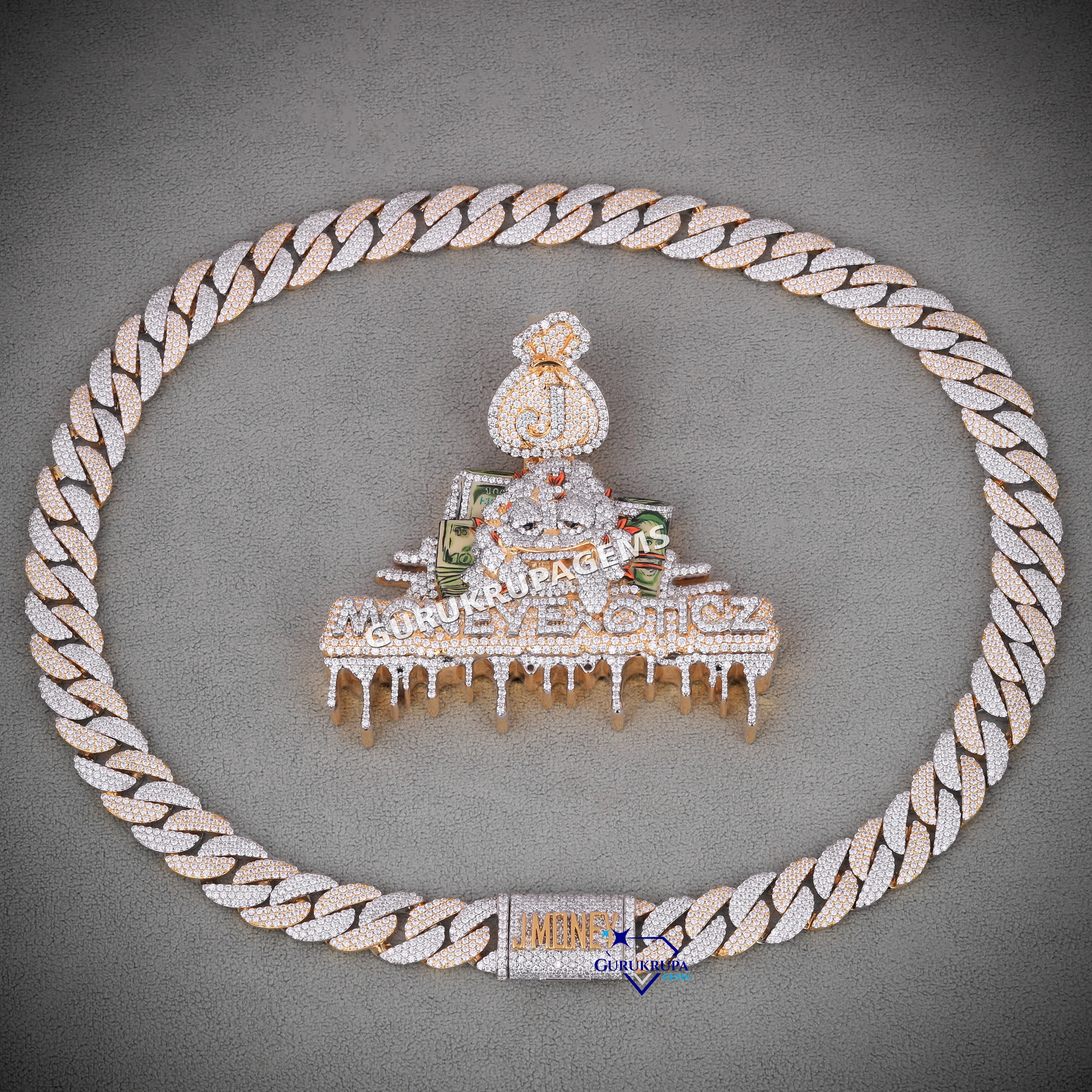 14KT Gold Lab Grown Miami Iced Out Dollar Money Bag Bail Design Pendant  Mens Necklace Hip Hop Chain Link Rapper Pendant Jewelry