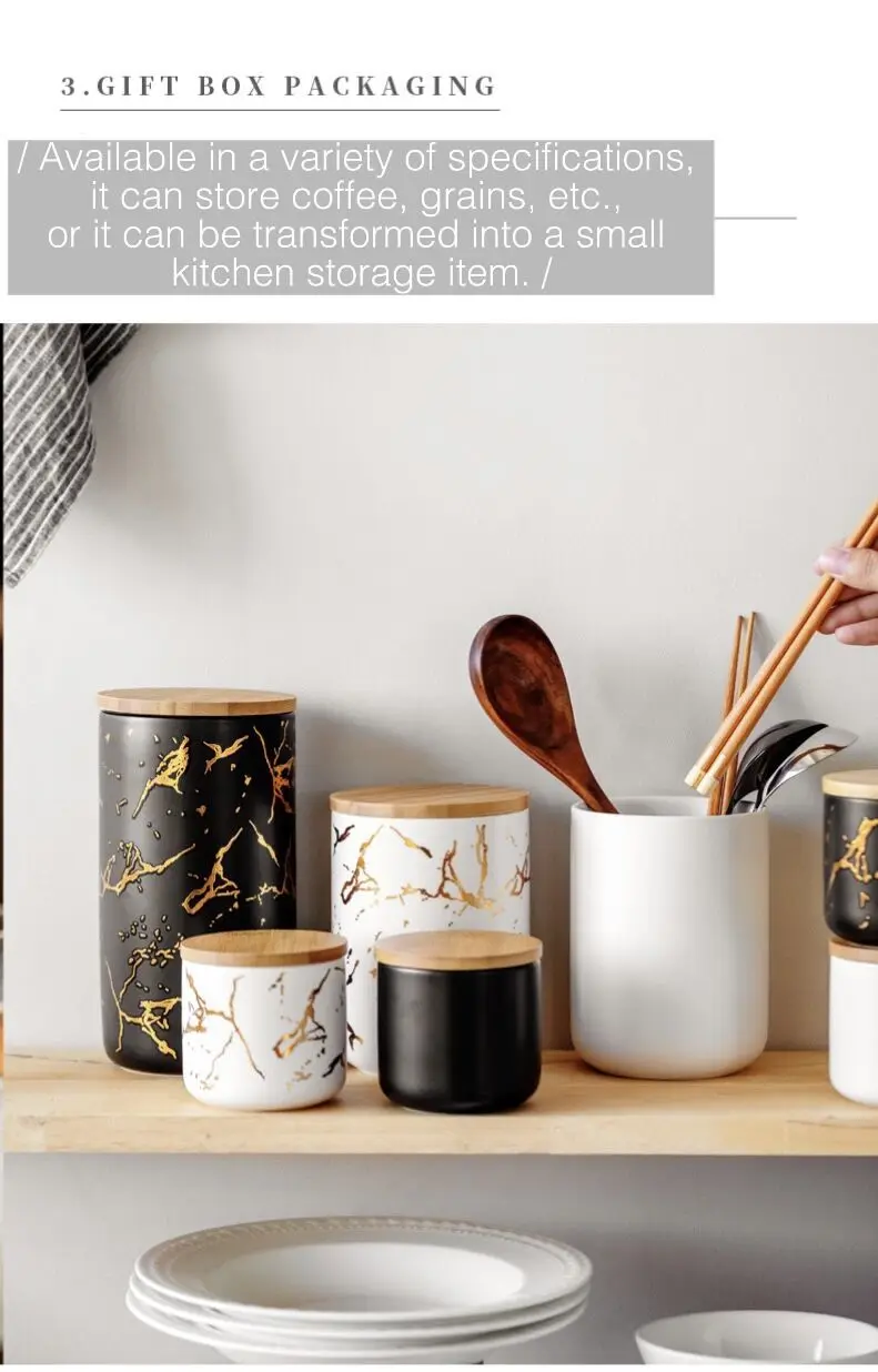 Wholesale Nordic new gold and marble design porcelain food seasoning condiment ceramic storage jar with lid details