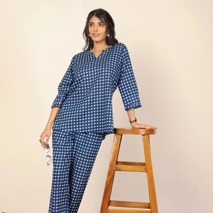 Wholesale Blue White Gingham Two-Piece Set Kurta Style V-Neck Top Straight Pant 100% Cotton Co-ord Natural Button Casual Dress