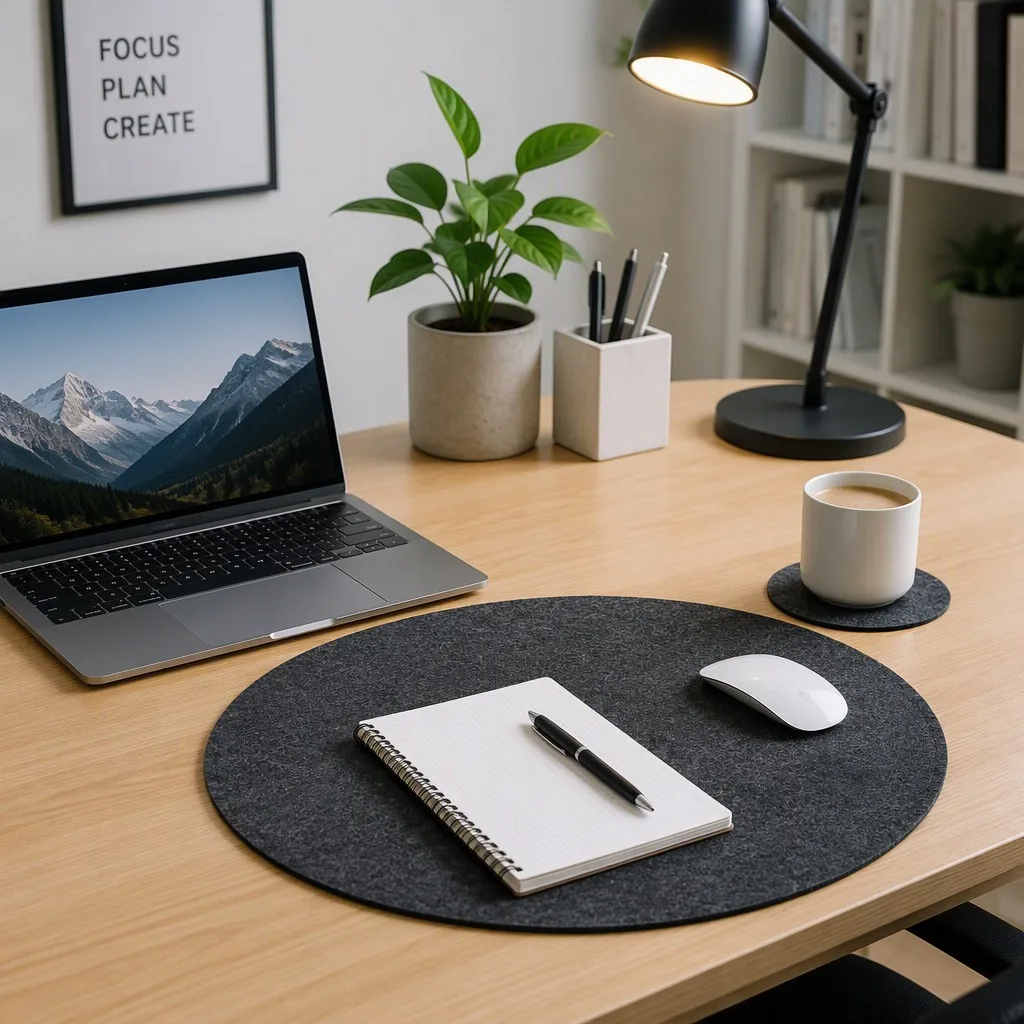 Home office desk with a round felt desk mat under a laptop, notebook, mouse and a felt cup coaster