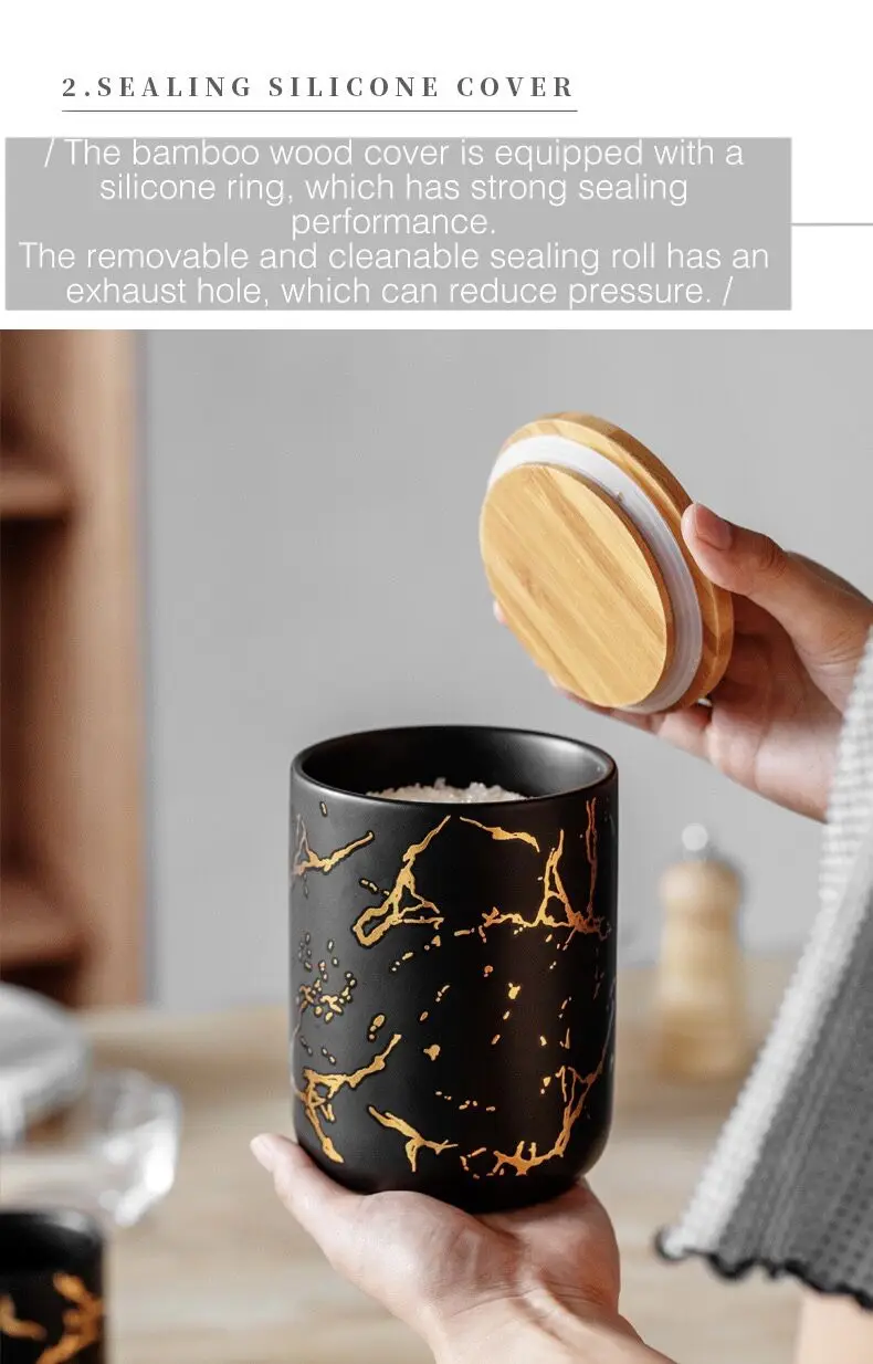 Wholesale Nordic new gold and marble design porcelain food seasoning condiment ceramic storage jar with lid supplier