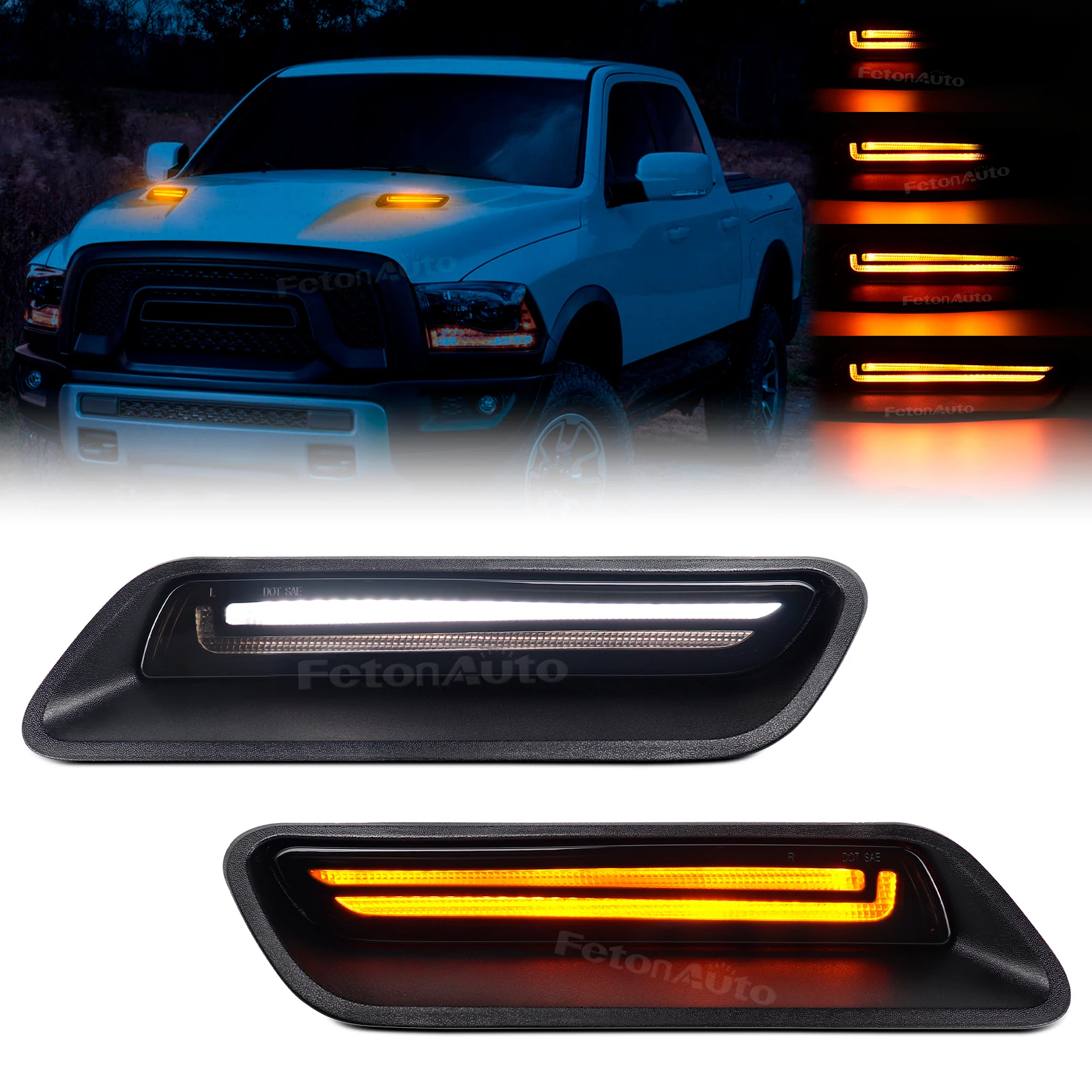 New Hood Vent Bezel Scoop LED Signal Indicator Lights For Dodge Ram 1500 Classic Amber Dynamic