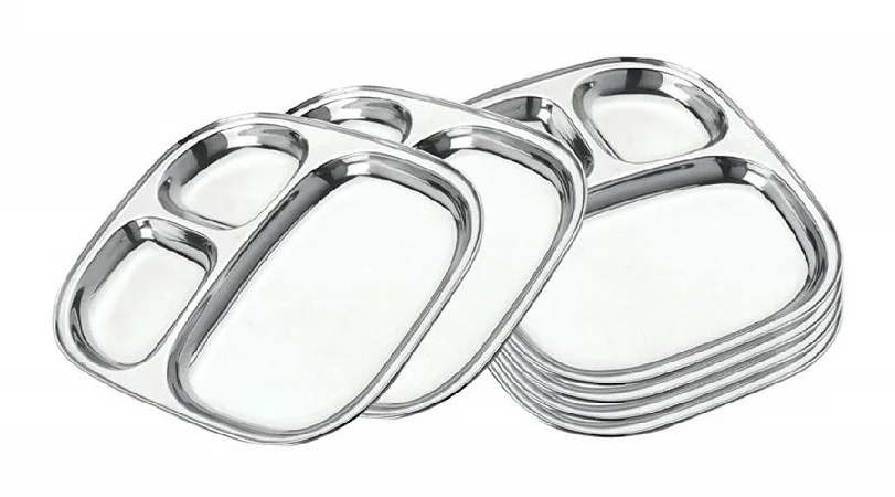 5 Compartment Rectangular Serving Thali Divider Plates Stainless Steel Hospital School Food Lunch Tray KING