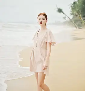 Beautiful Linen Mini Skater Dress Casual Style Short Sleeves Tunic Cut Plain Dyed Plus Size Eco-Friendly Breathable Woven