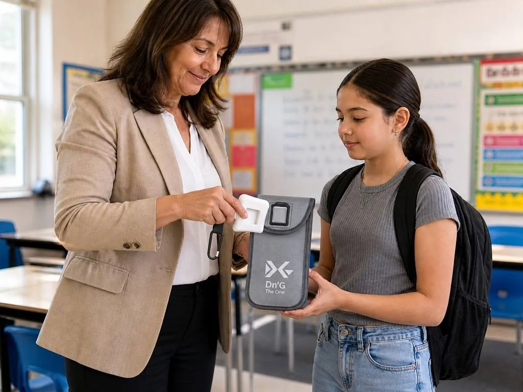 Teacher using a magnetic unlocking device with a DNG N1 phone pouch