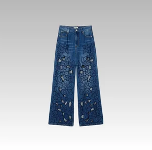 2026 Spring Summer Women's Casual Vintage Style High Waist French Hollow Embroidery Floral Loose Denim Wide Leg Pants