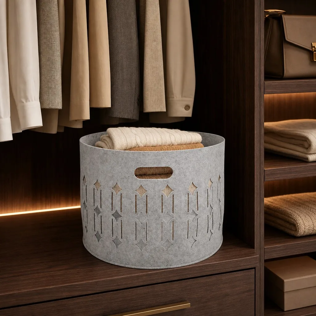 Premium felt storage basket used as a wardrobe and closet organizer on a shelf