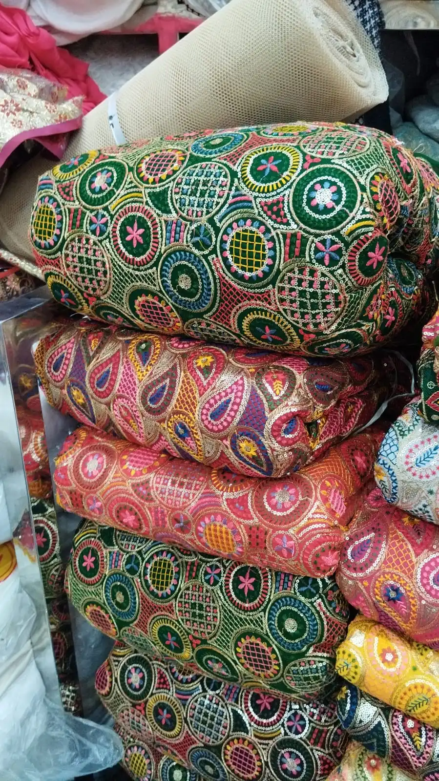 Custom Made Embroidered Fabrics with Mirror Work and Colorful  Indian Theme Embroidery  Ideal for Dress Designers for Resale