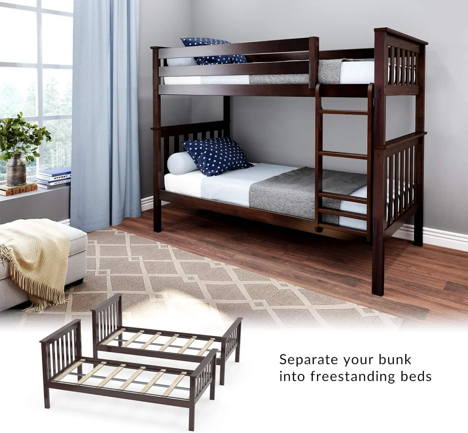 Goodfriendship Solid Wood Bunk Bed With Ladder And Guardrails For Kids ...