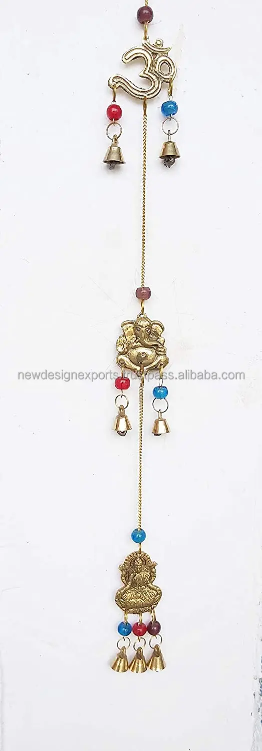 Brass Decorative String of Metal and Beads Vintage Indian Style Wall Hanging Bells Brass Wind Chimes (Om-Ganesha-Laxmiji)