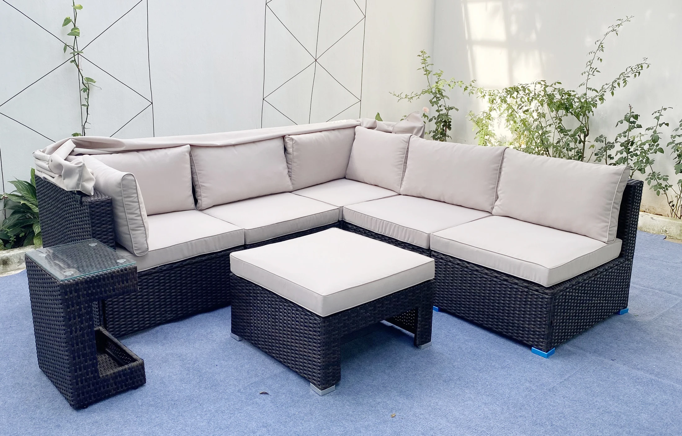Modern 5 Seat Corner Sofa Rattan Dayebd Set Garden Furniture With