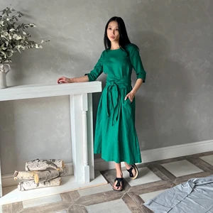 Emerald Green Convertible Linen Wrap Dress Women's Oversized Summer Boho Long Kimono Woven Eco-Friendly Design