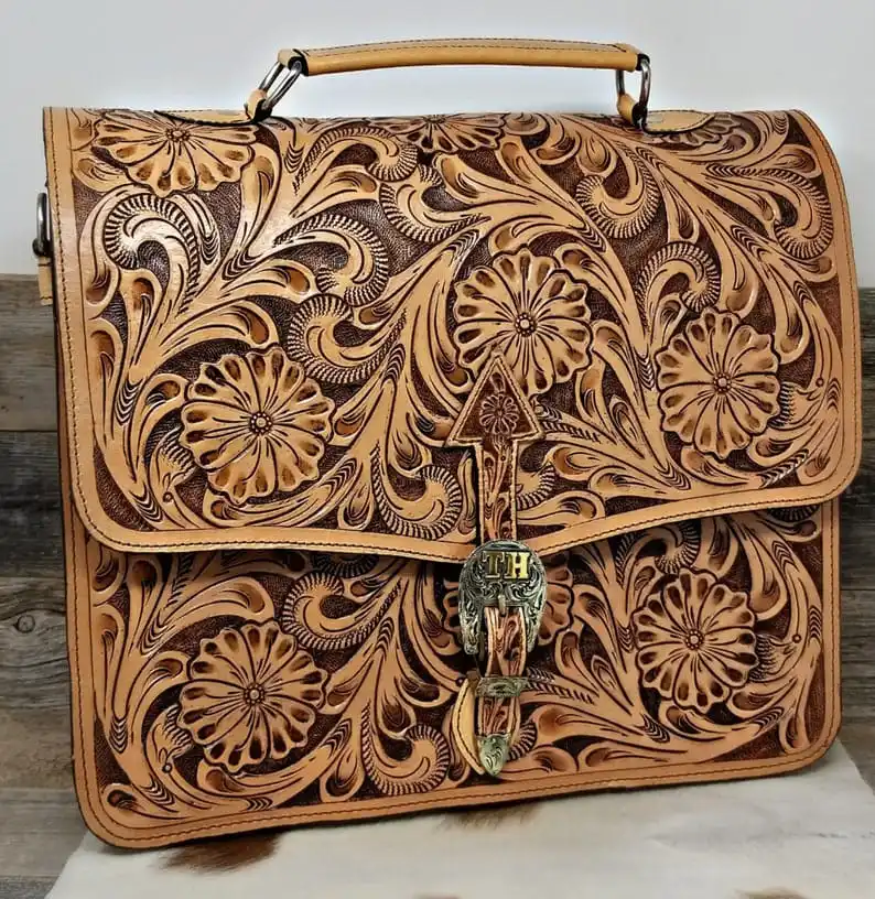 Handmade Fully Tooled Leather Western Briefcase With Floral Border