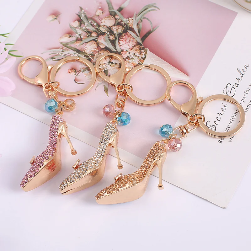 High Heel Shoe Keychain – Sparkling Crystal Charm, Pink & Gold, Perfect For Purse Or Bag