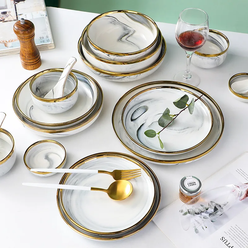 Prato Porcelana Wholesale Dinnerware Sets Elegant Marble Gray Golden ...