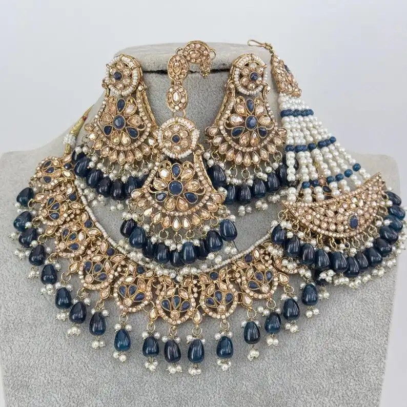 Sabyasachi Inspired Blue Sapphire Bridal Necklace Indian Pakistani  Wedding Jewelry Mother Of Pearl Bride Teardrop Necklaces