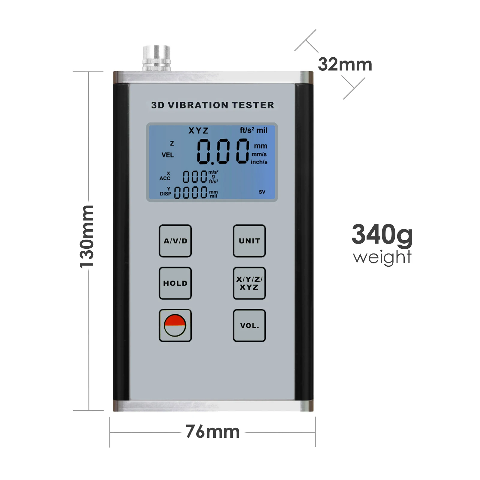 3axis Piezoelectric Vibration Meter Accelerometer Sensor Displacement Velocity Acceleration