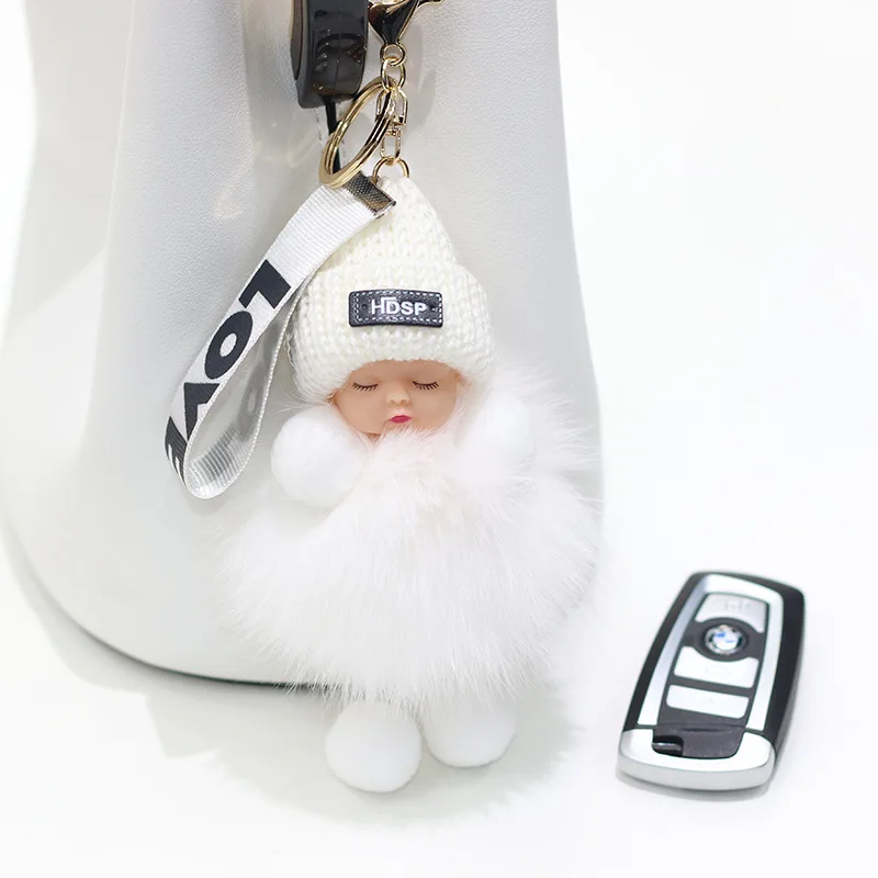 Portachiavi con Ciondolo in Vera Pelliccia di Volpe 2023, Accessori in Peluche a Forma di Bambola Dormiente, Portachiavi per Auto, Pompom, Portachiavi per Bambini